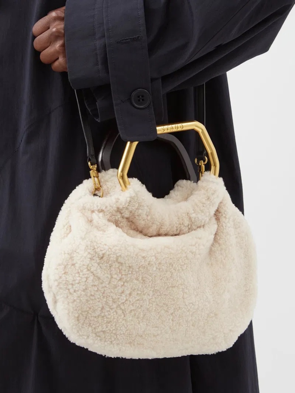 STAUD Cream Shearling Top-Handle Shoulder Bag with Gold Hardware